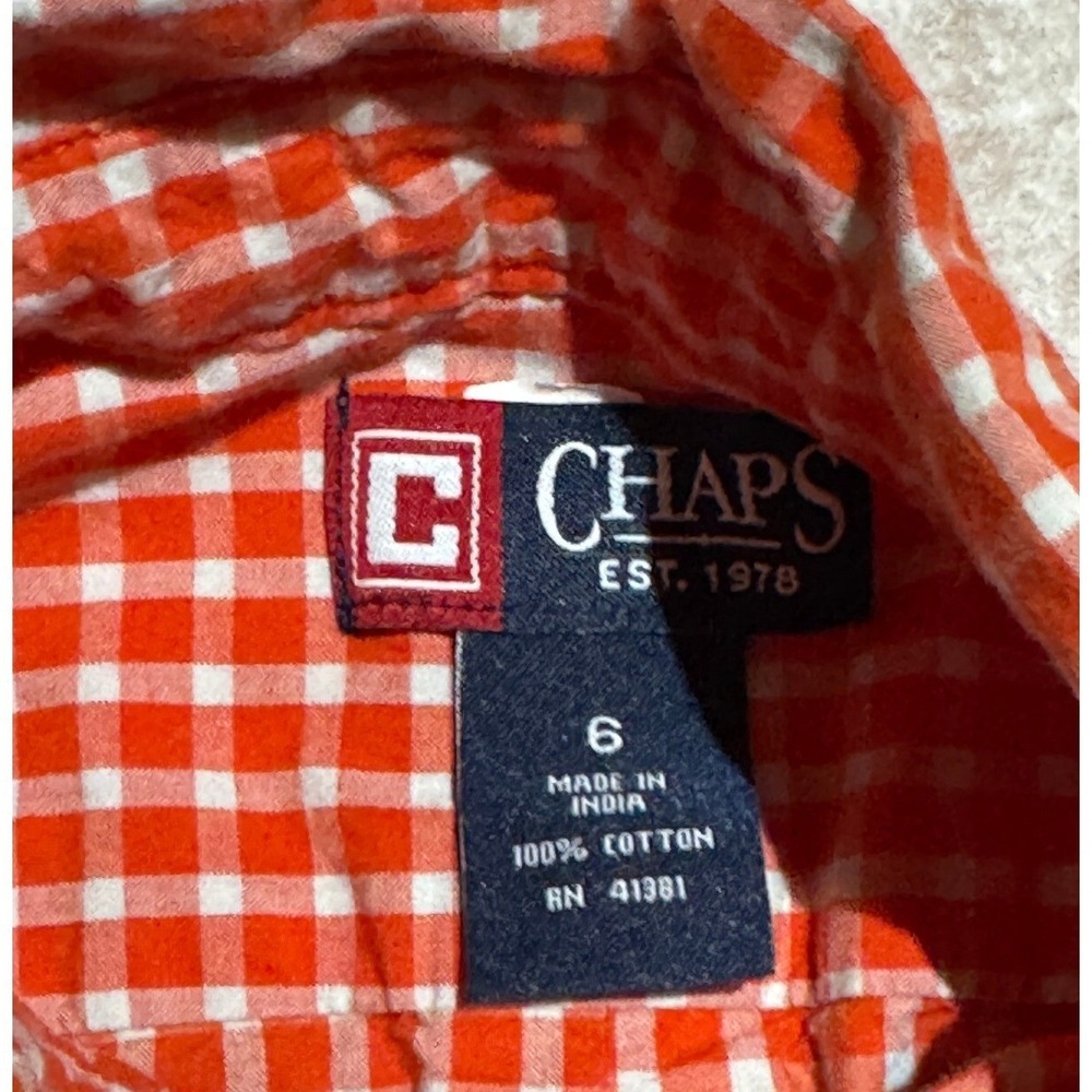 Chaps Boys‎ Button-Down Shirt Size 6 Orange White Check Crest EUC Cotton - Picture 2 of 4